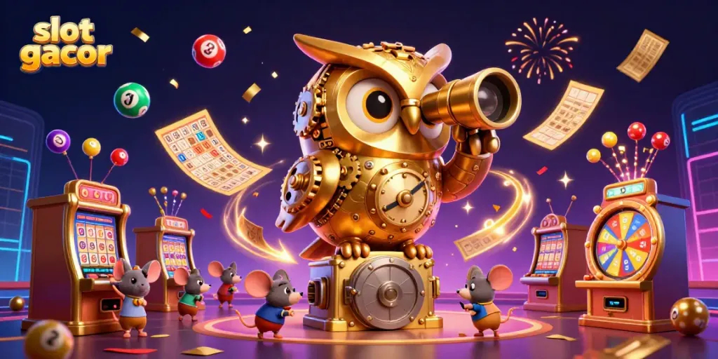 Experience electrifying gameplay with slot gacor, featuring a golden owl and vibrant casino elements.