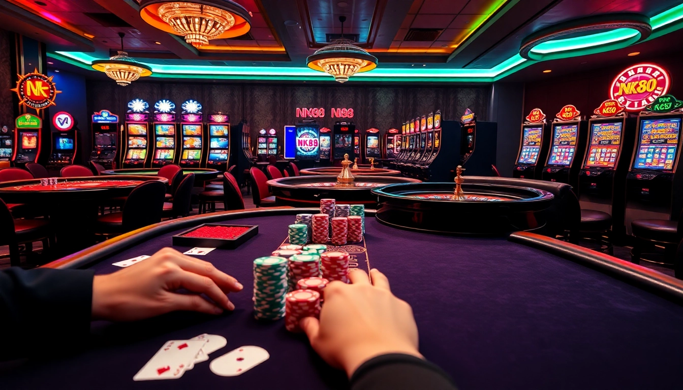 Engaged players placing bets at NK88's vibrant casino tables filled with excitement.