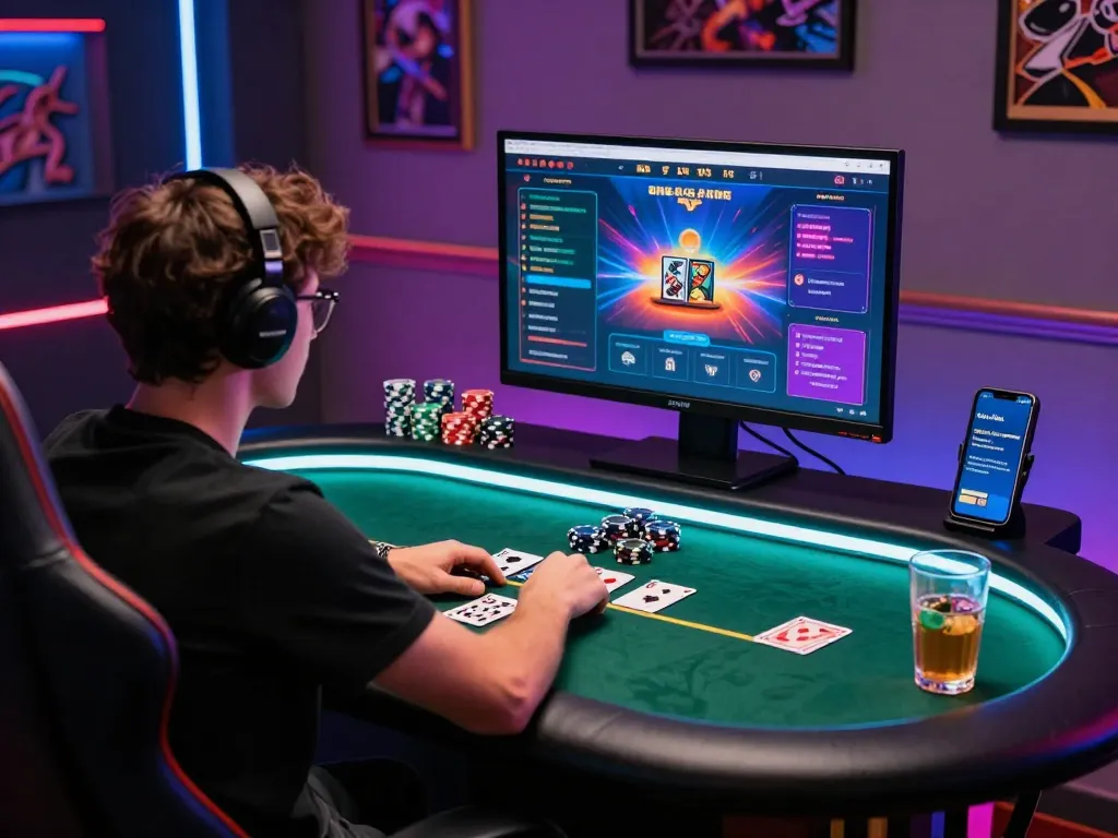 Engaged player enjoying go88 online poker with vibrant gaming setup and colorful lights.