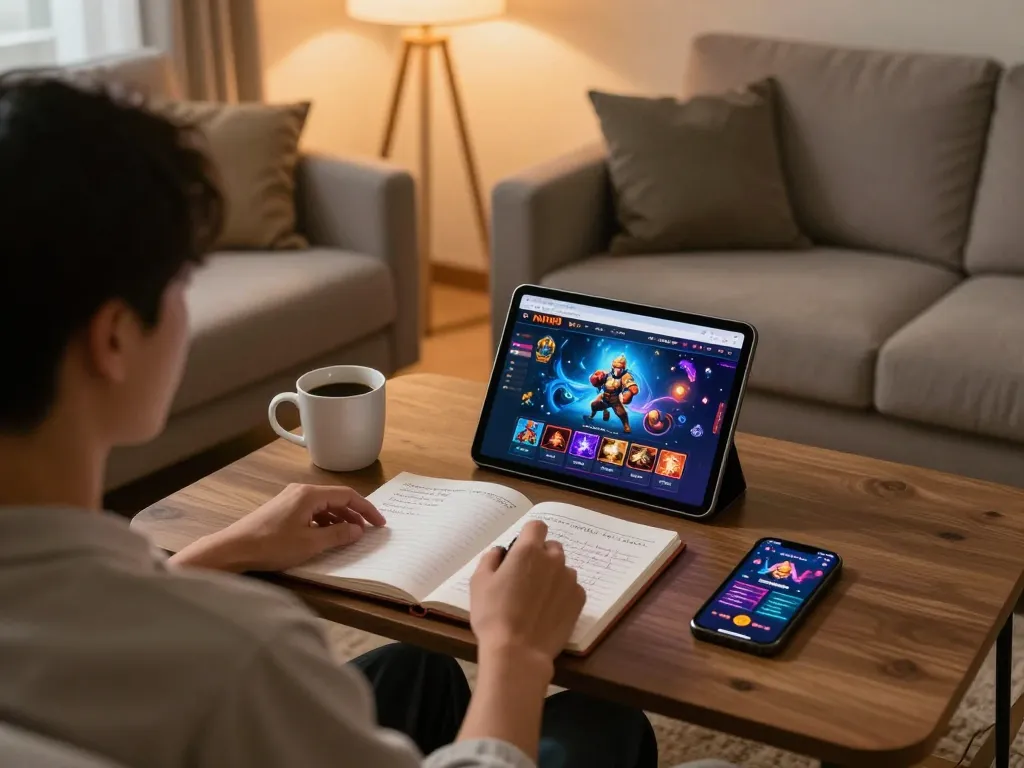 Engaged user exploring the trang chủ nohu90 gaming platform on a tablet in a cozy home setting.
