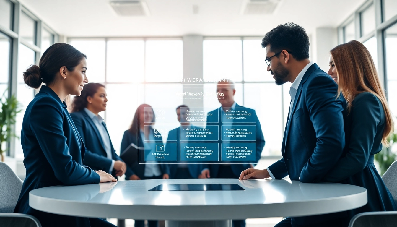 Illustration of how does an AI powered warranty company work with a team collaborating on digital interfaces.