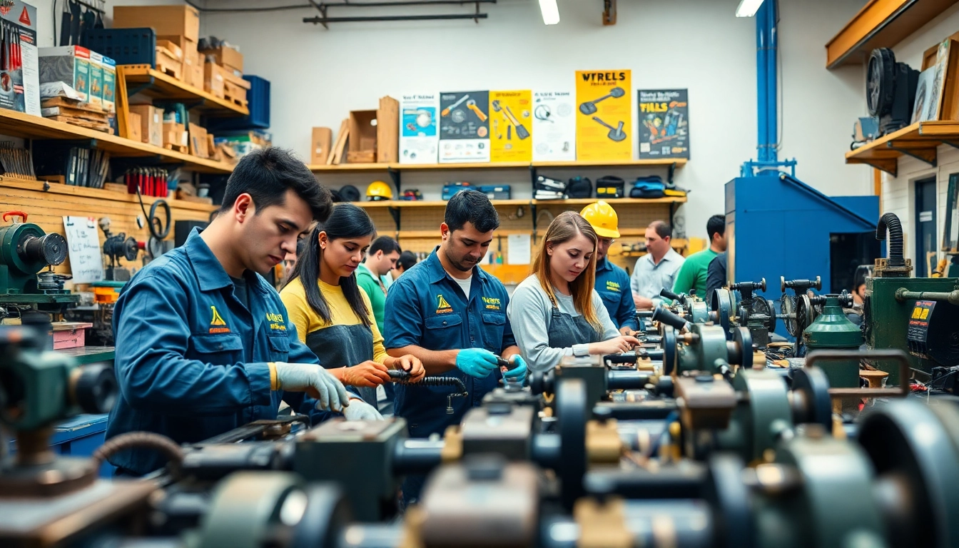 Learn hands-on skills at Trade School Knoxville TN with diverse students working in a well-equipped workshop.