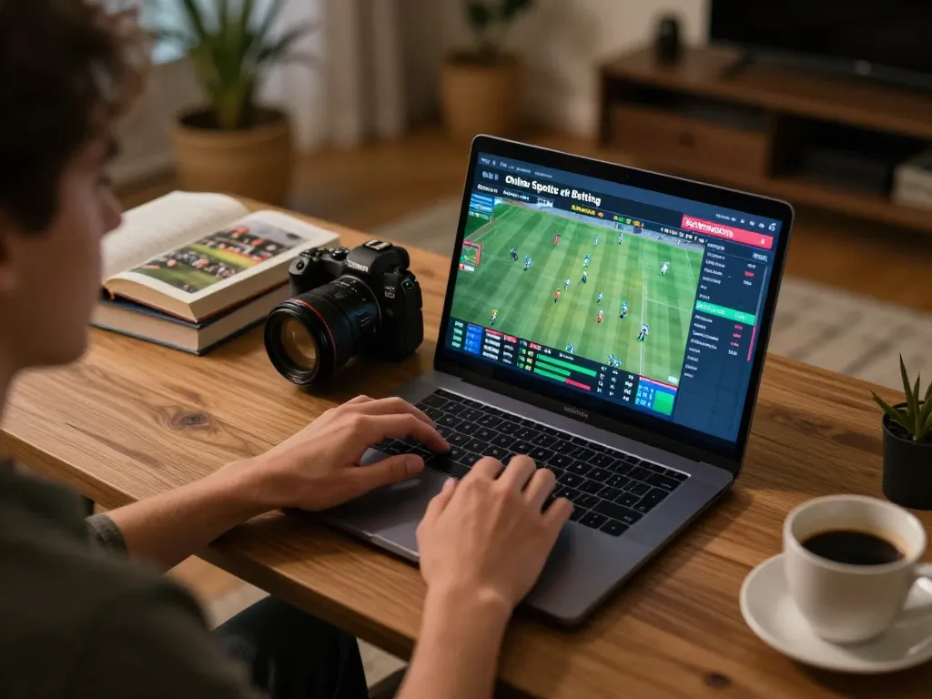 Engaged player analyzing odds while betting on 888top on a laptop in cozy home setting.