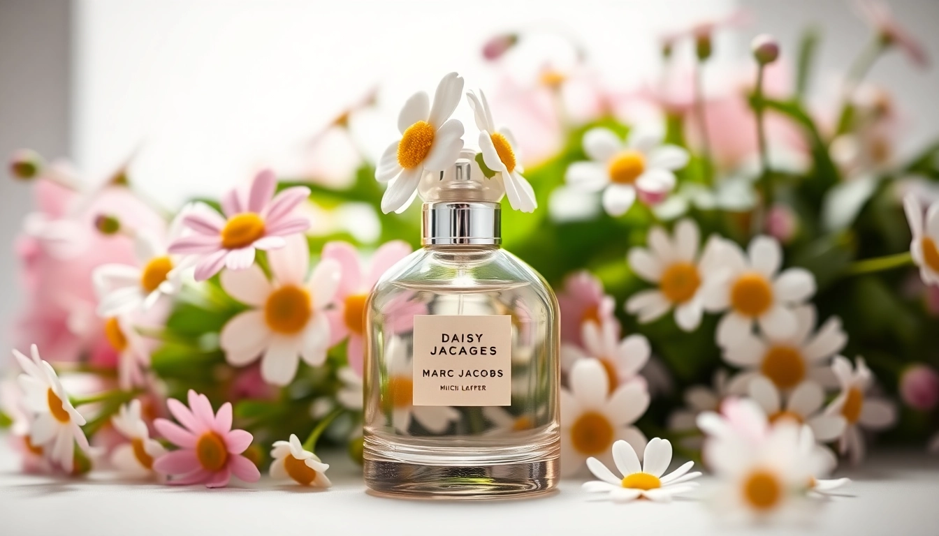 Admire the exquisite Marc Jacobs Daisy perfume bottle surrounded by elegant florals.