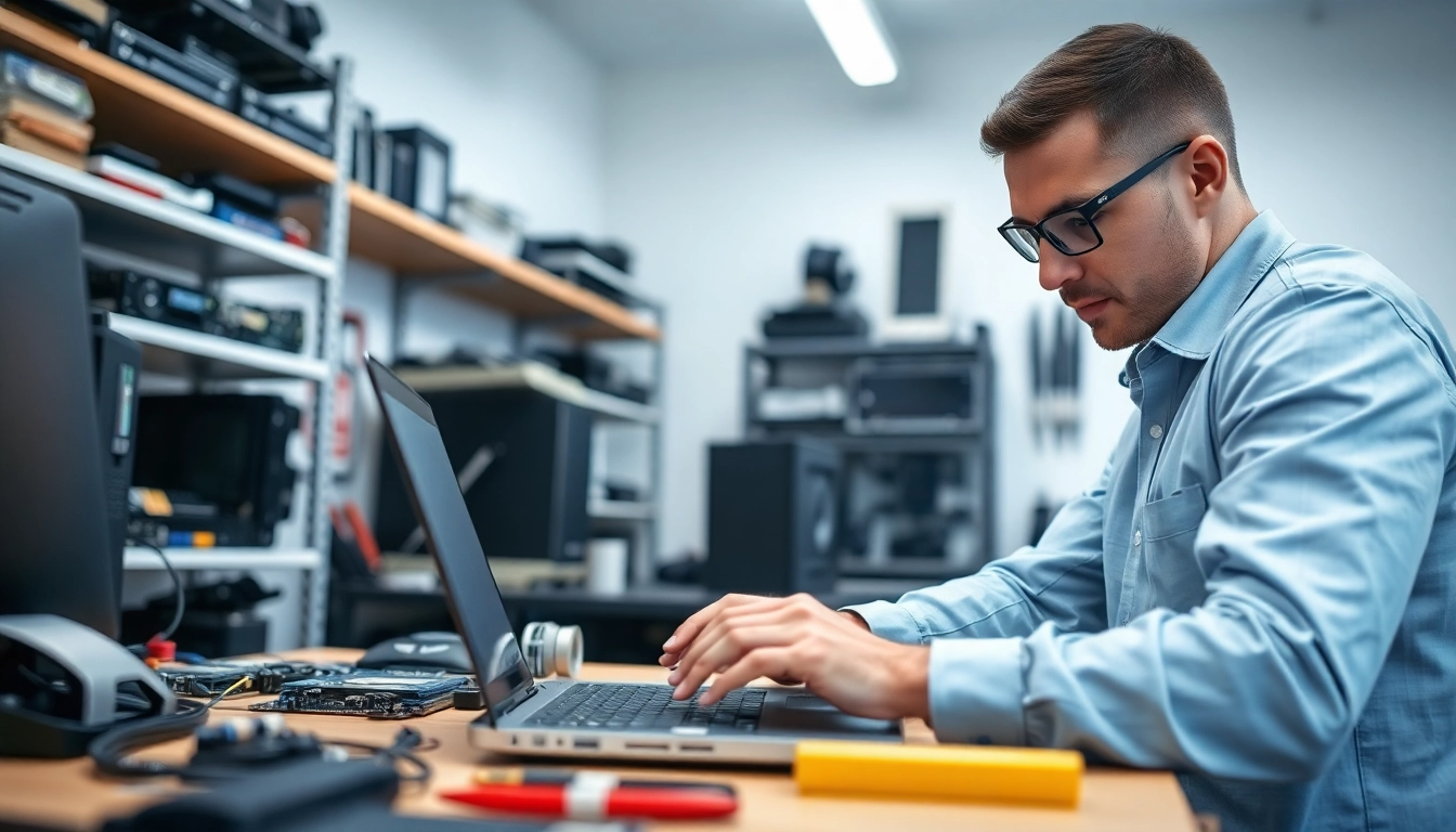 Technician performing computer repair on a laptop in a professional workspace.