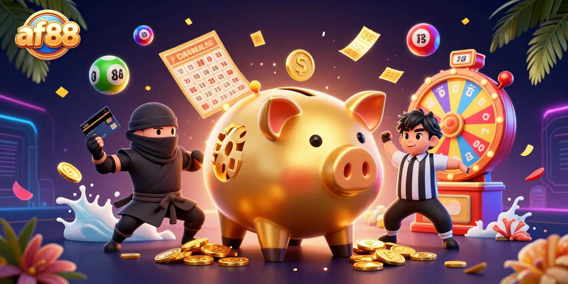 Experience the excitement of af88 as the golden piggy bank sumo wrestler shakes gold coins and lottery balls in this vibrant scene.