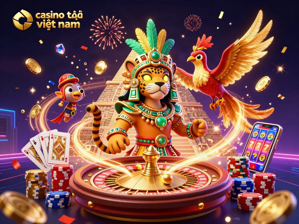Chơi casino trực tuyến việt nam với các biểu tượng như jackpot, bánh xe roulette và thẻ bài hoàng gia.