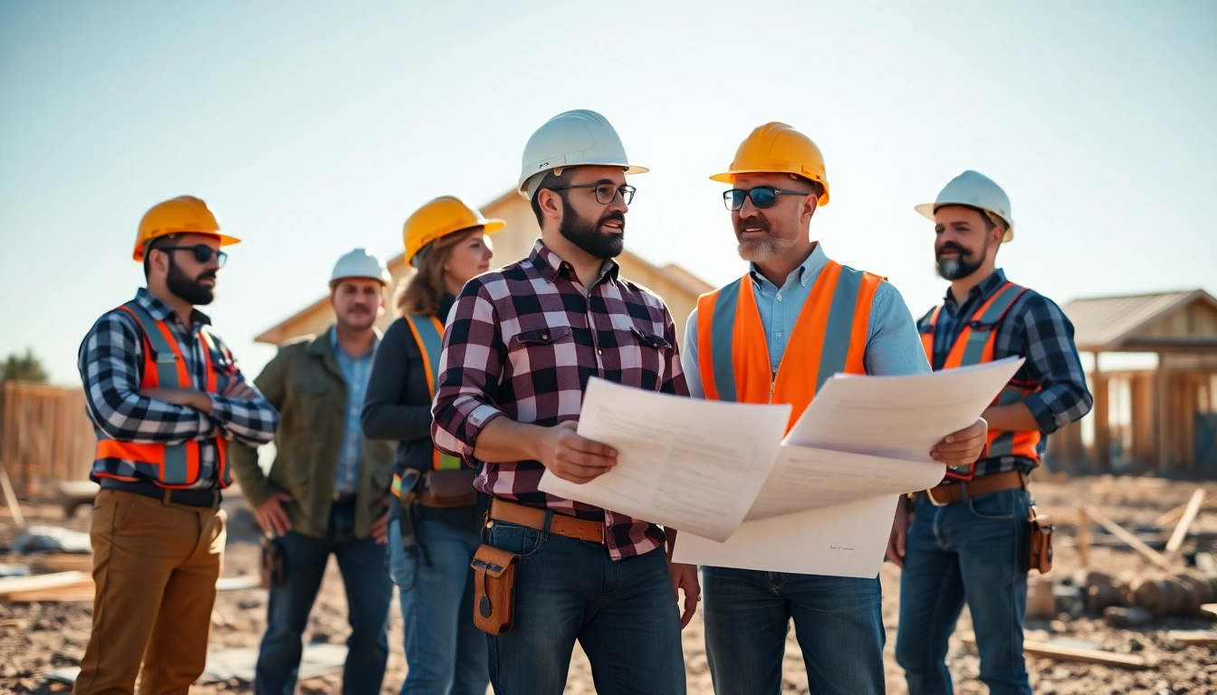 Collaborative team of builders represented by the Texas association of builders on a construction site.
