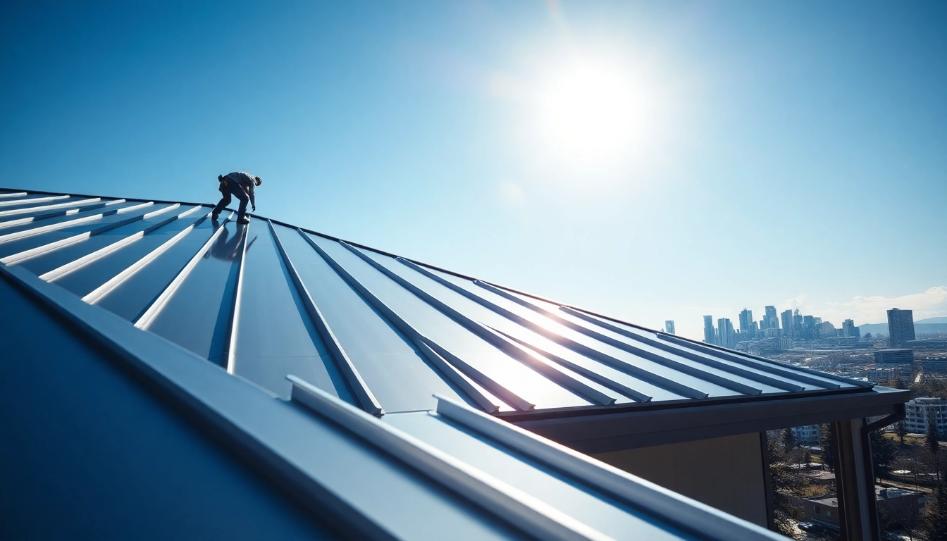 Upgrade your home with metal roofing Calgary, showcasing a skilled worker and a modern city backdrop.