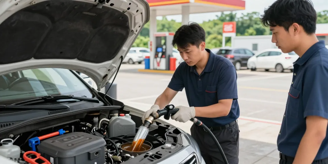Technician performing fuel drainage for contamination in fuel tank at a busy fuel station.