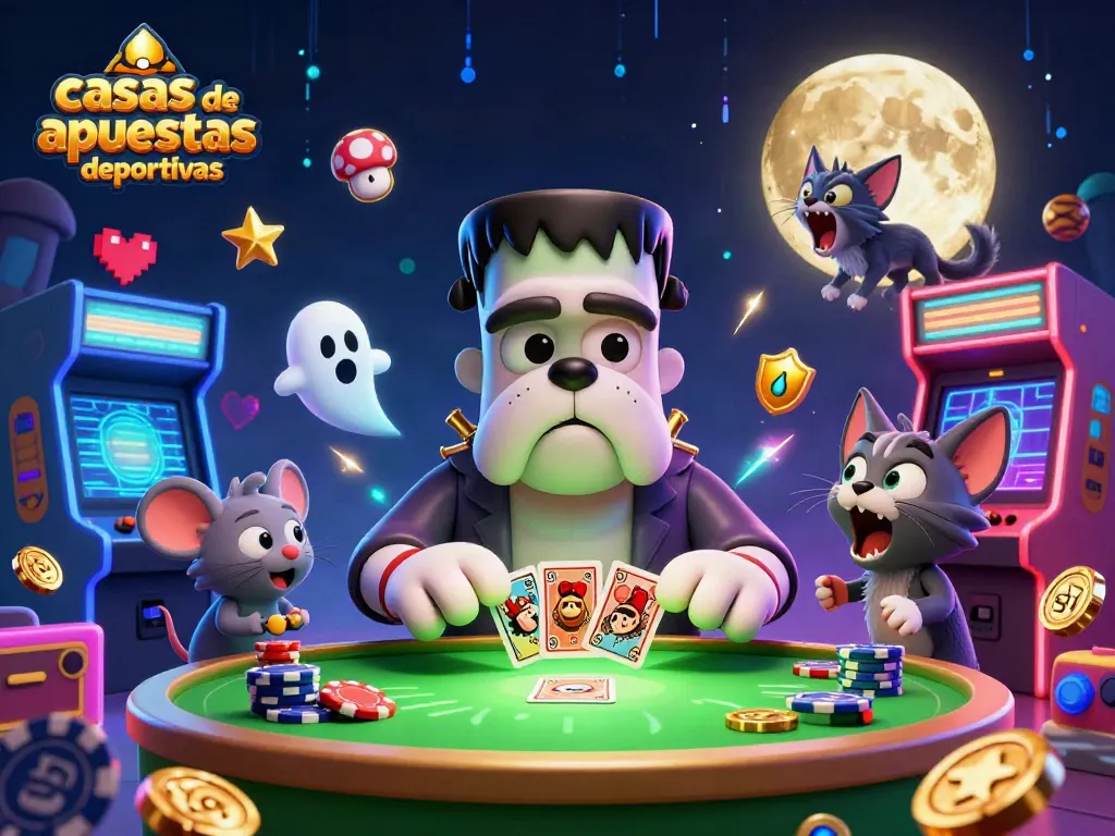 Casas de apuestas deportivas: Bulldog Frankenstein y un gato lobo en una mesa de juego mágica.
