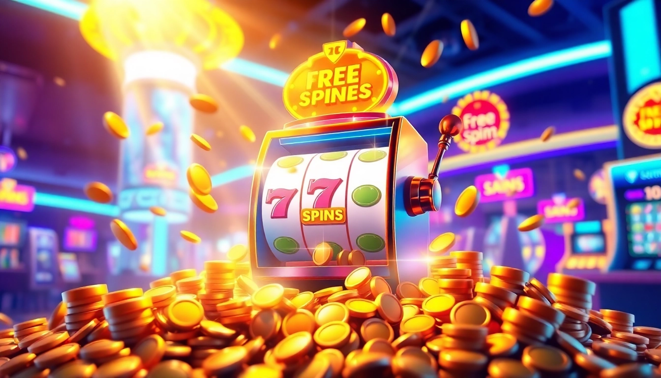 Reveal exciting free spins bonuses illustrated through a vibrant slot machine amidst a dazzling casino backdrop.