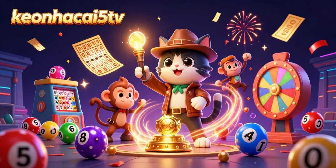 Experience the excitement of keonhacai5tv with a thrilling treasure hunt scene featuring vibrant lottery balls and casino artifacts.