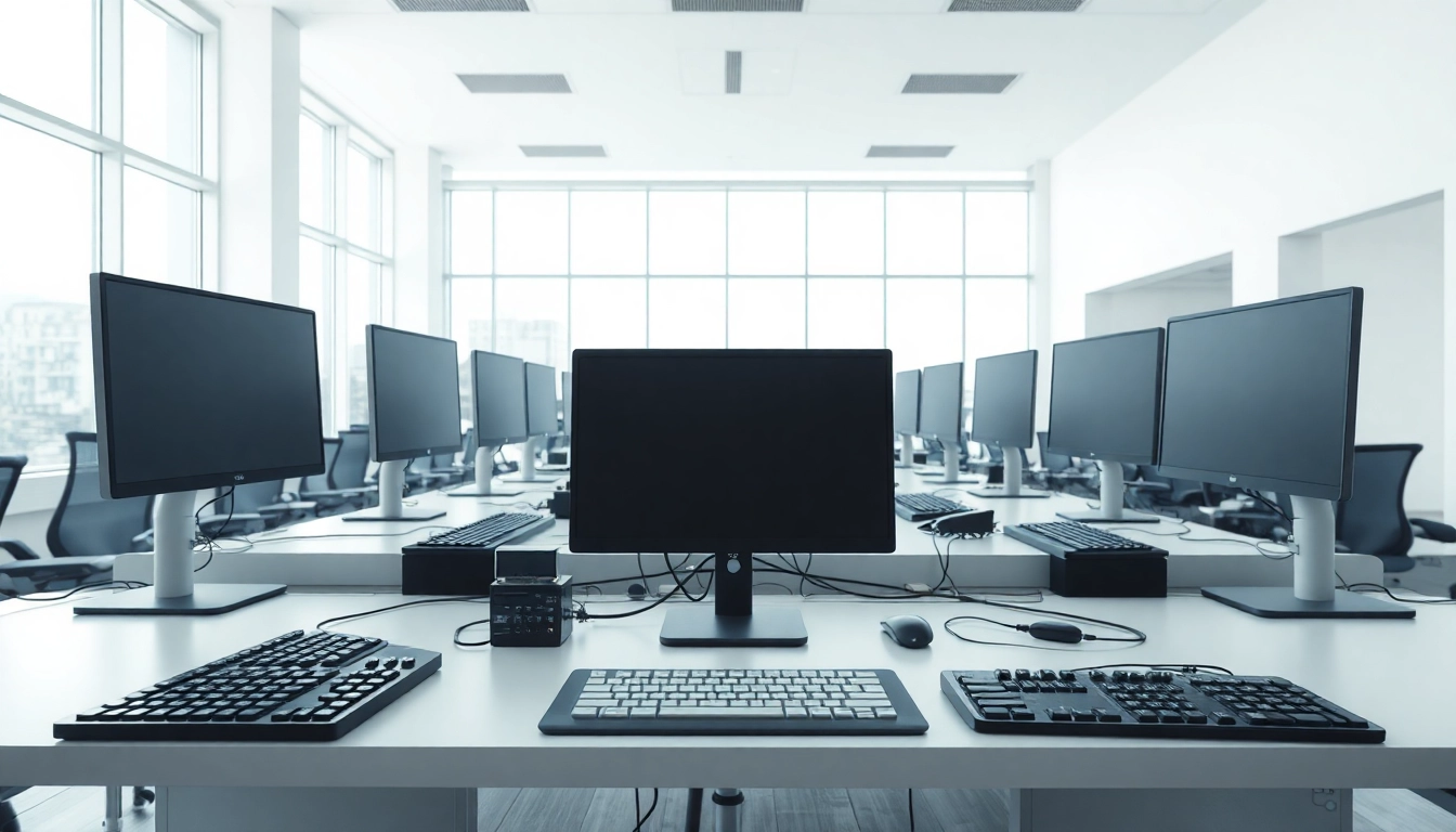 Typing center with modern equipment in a bright office space, showcasing productivity and comfort.