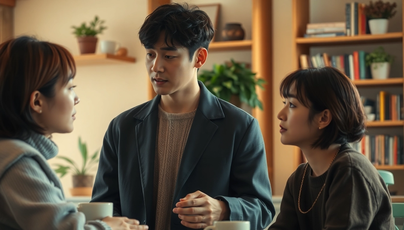 Watch Korean drama online with two actors in a cozy coffee shop setting, sharing a heartfelt moment.