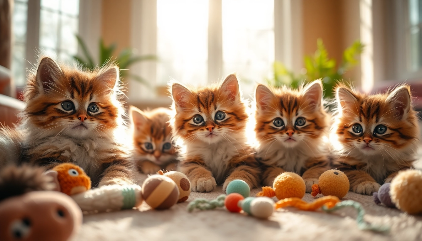 Adorable Maine Coon kittens for sale playing with plush toys in a sunlit room.