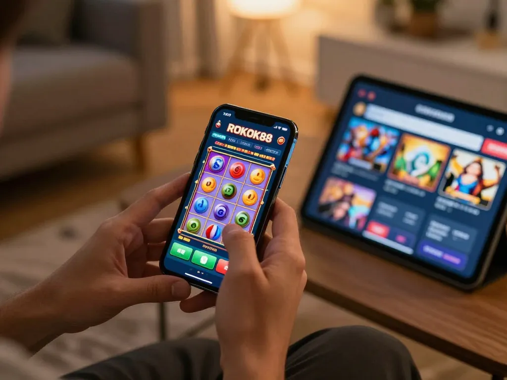 rokok88 mobile gaming experience with engaging slot game visible on smartphone screen