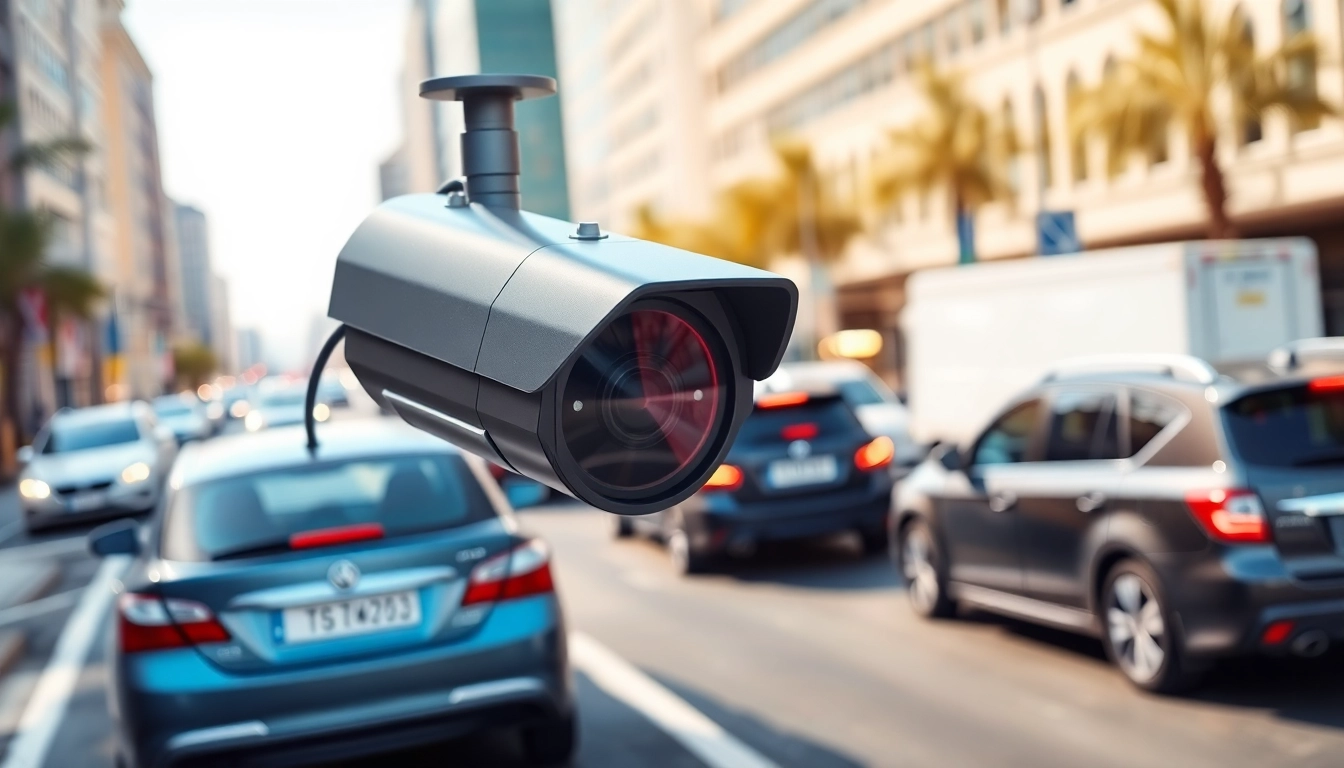 Automatic license plate recognition camera capturing vehicle data in a busy urban setting.