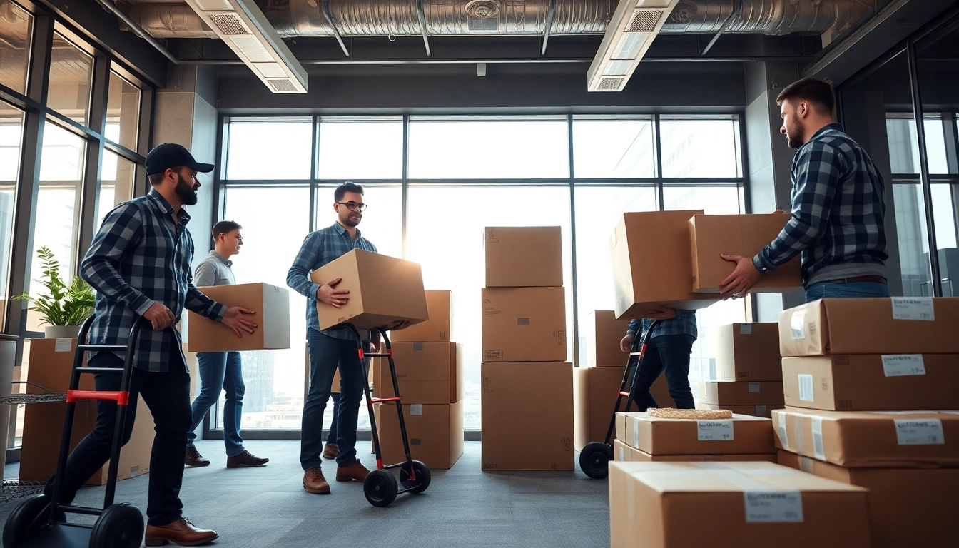 Chicago Movers efficiently packing and moving office items in a bright workspace.