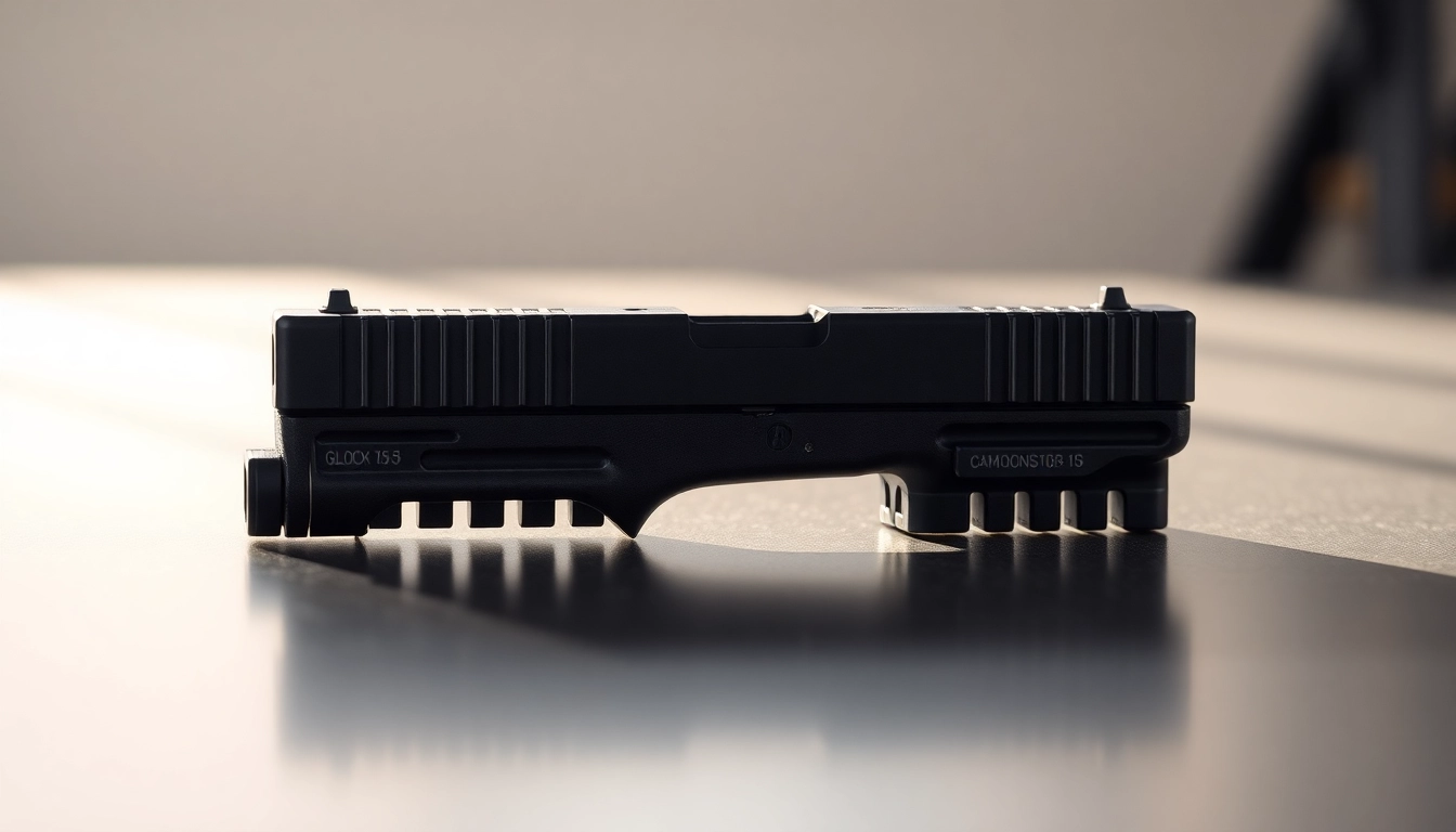 Showcasing the Glock 19 Gen 5 MOS OEM Slide with intricate details for firearm enthusiasts.