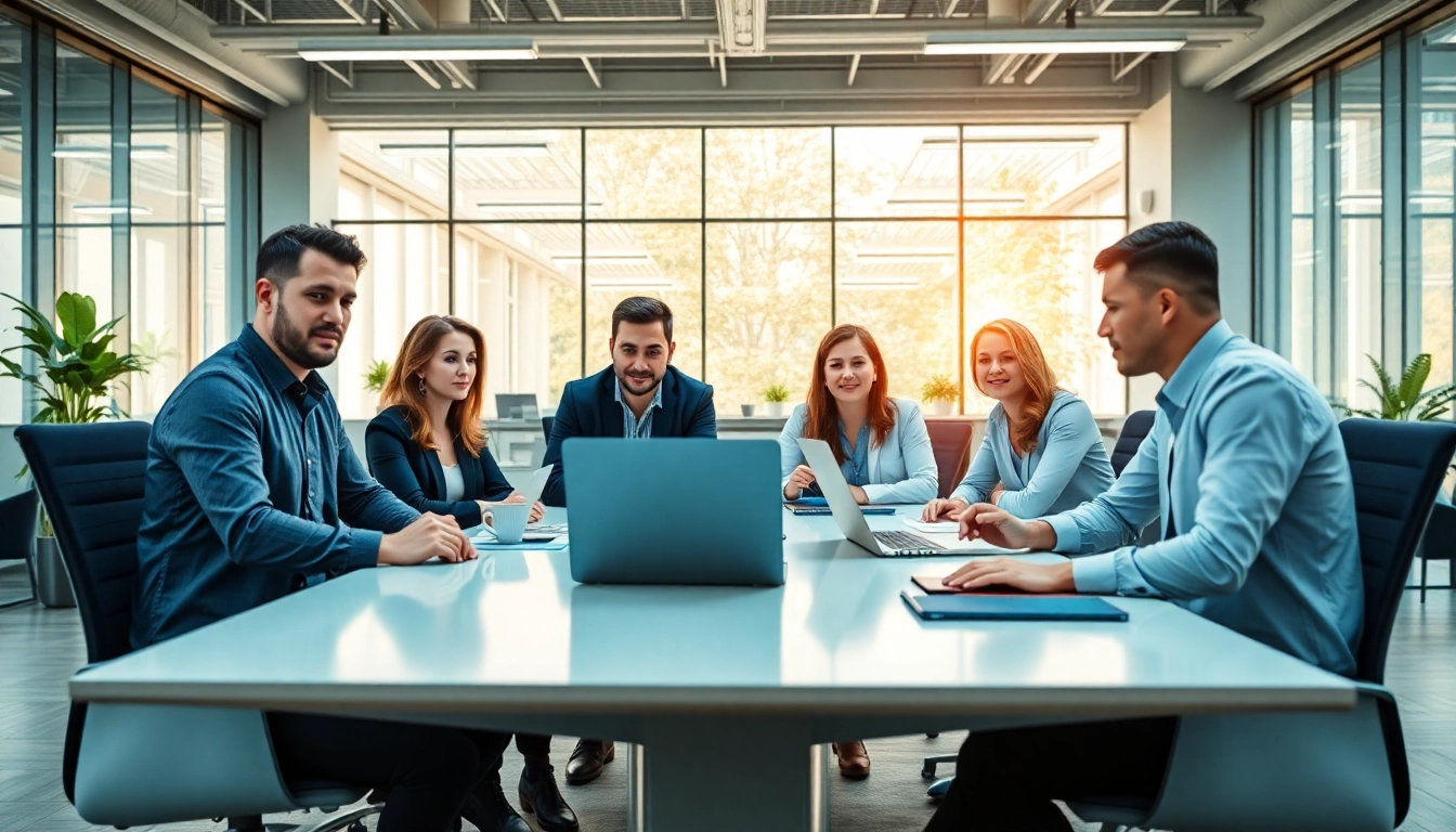 Team of professionals collaborating as a managed IT provider in a modern office environment.