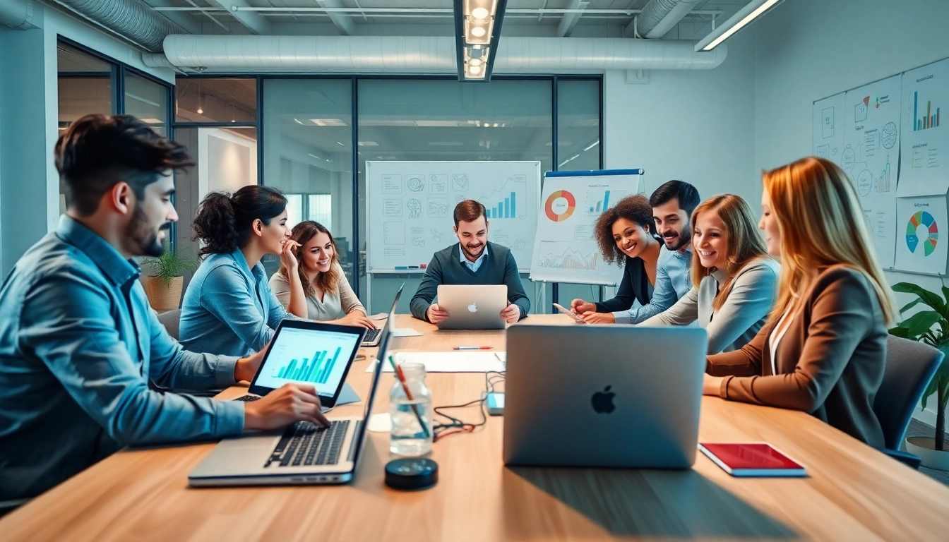 Dynamic team of a digital marketing company collaborating with digital devices and creative materials.