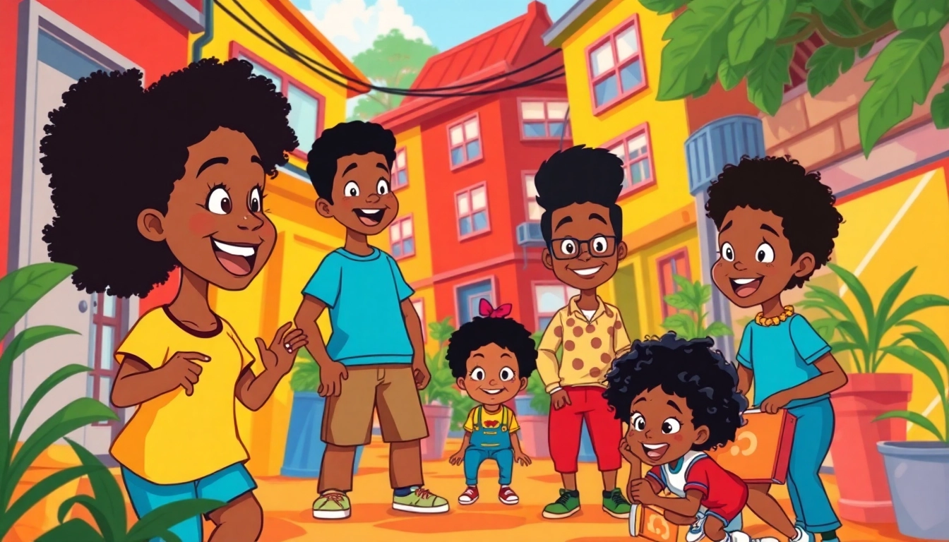 Joyful scene from African American cartoons depicting diverse characters in a vibrant urban setting.