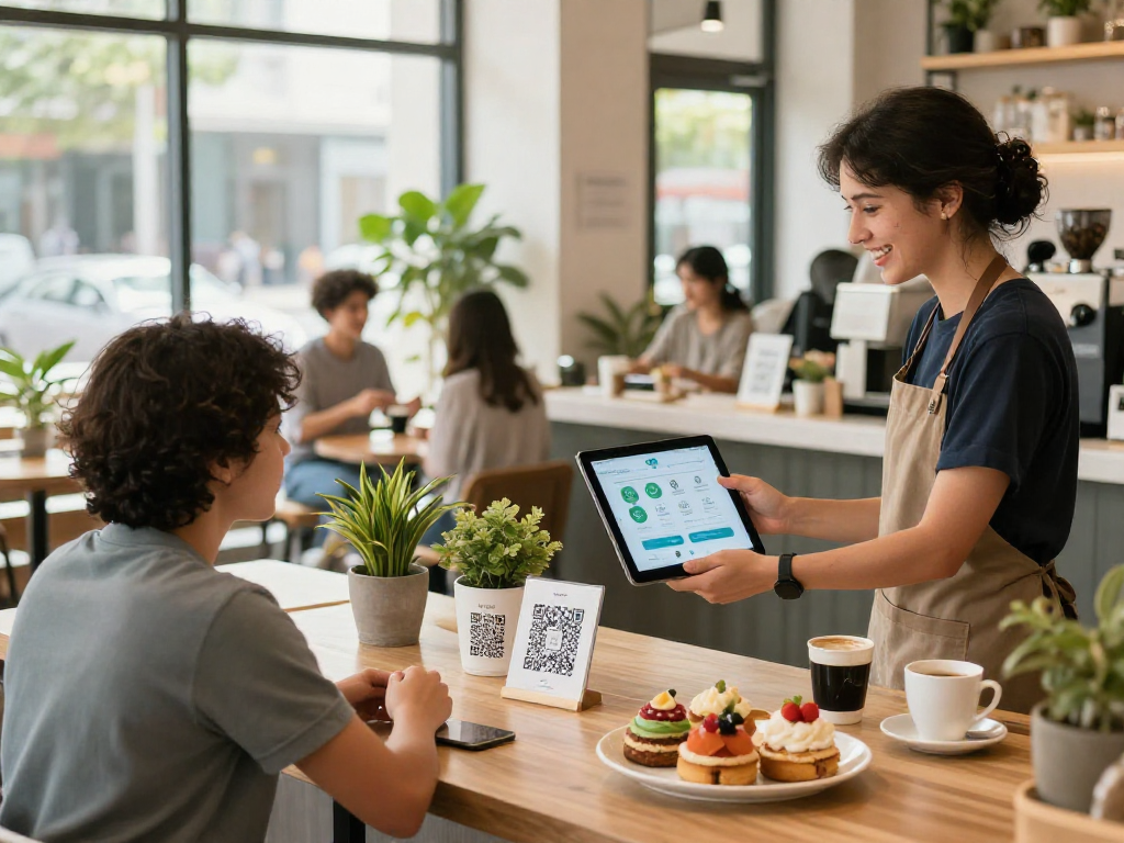 Loyalty app displayed on tablet in cafe, enhancing customer engagement and rewards.