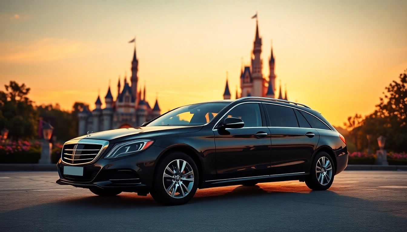Experience Disneyland Paris airport transfer services with a luxurious vehicle near the park.