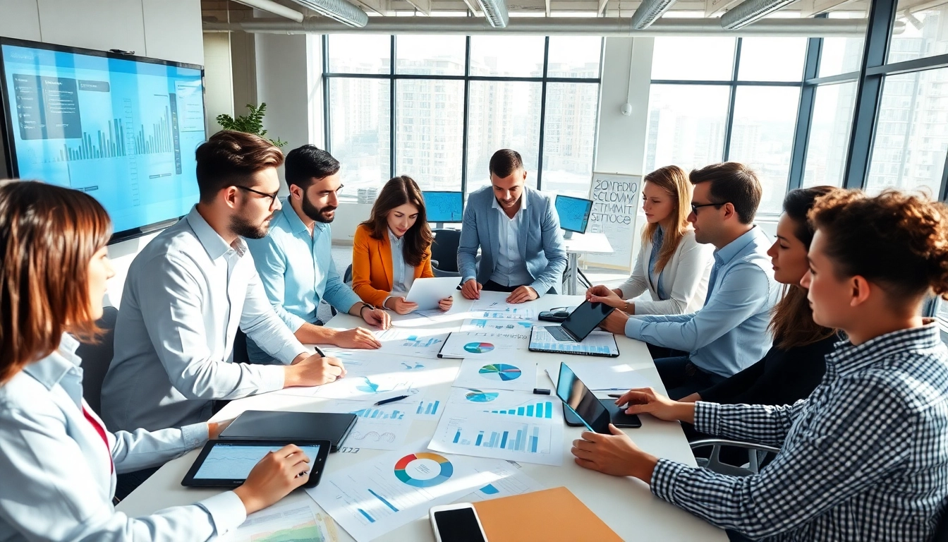 Visual representation of business growth insights featuring a collaborative team in a modern workspace.