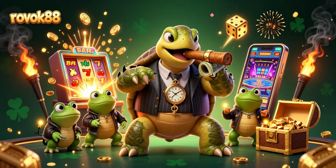 Experience the excitement of rokok88 with a vibrant 3D casino scene featuring a mobster turtle and jackpots.