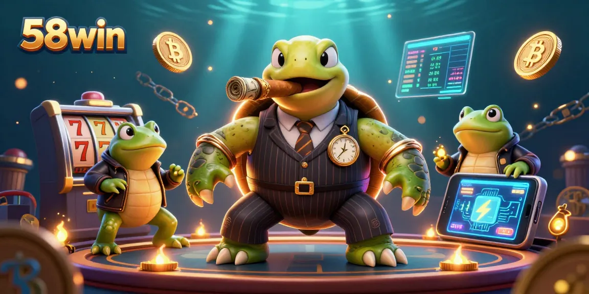 Experience intense gameplay action with 58win, featuring an ultra-detailed scene of a mobster turtle and bullfrog enforcers in a vibrant casino atmosphere.