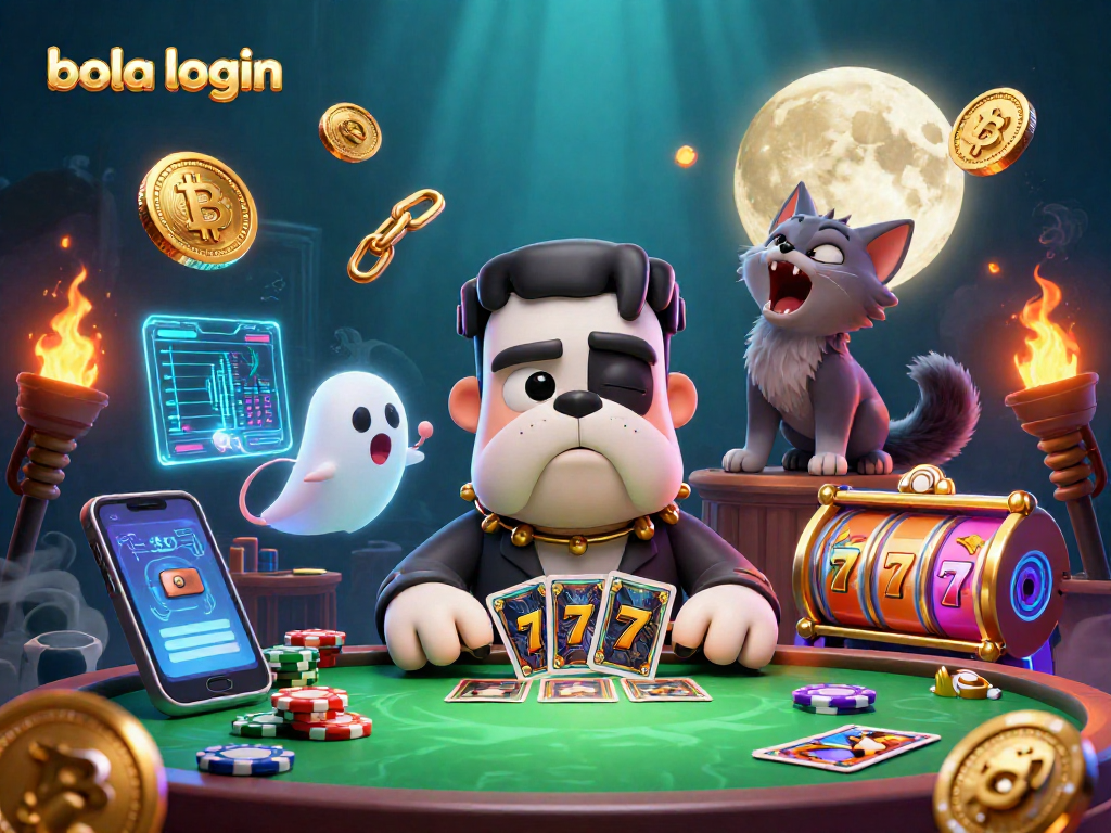 Bola login reveals a vibrant 3D scene with a Frankenstein bulldog dealing cards, setting the stage for epic gambling.