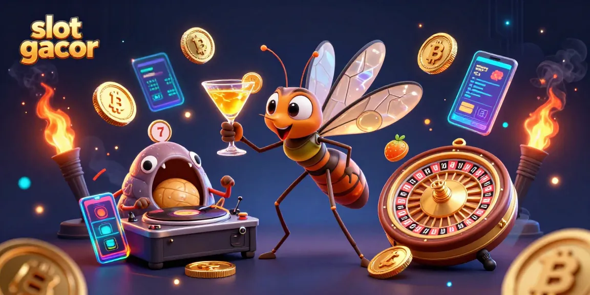 Experience slot gacor excitement in this vibrant casino scene with cartoon mascots and dynamic game symbols.