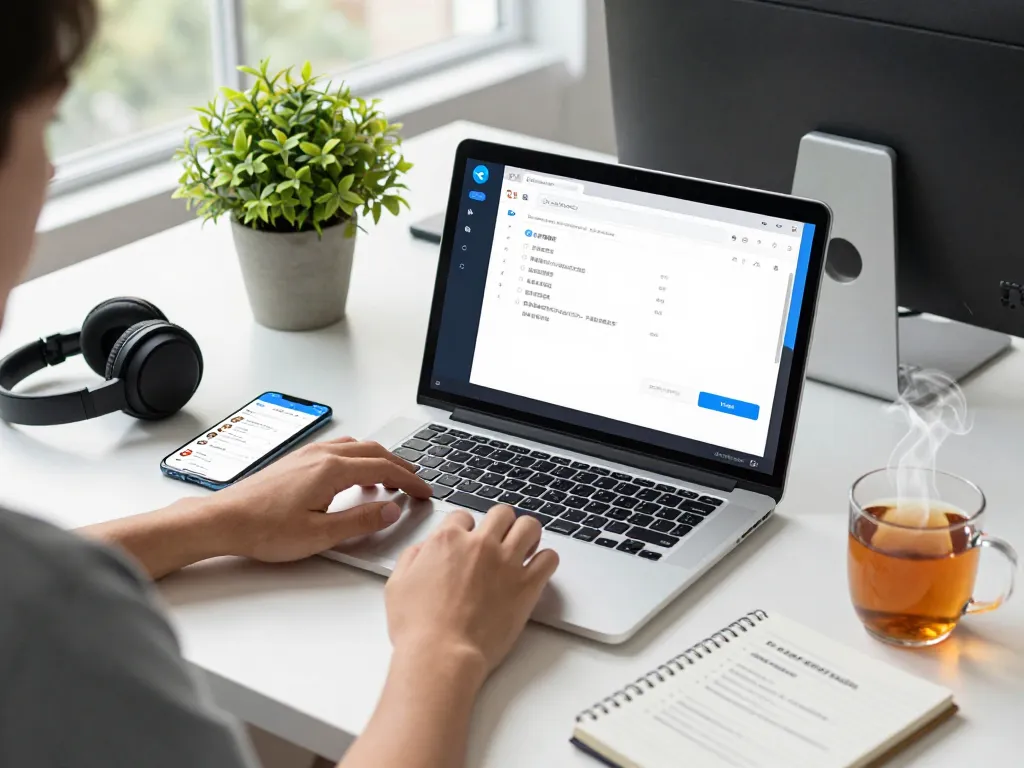 Configuring telegram 中文 application on a laptop in a modern workspace with notifications on smartphone.