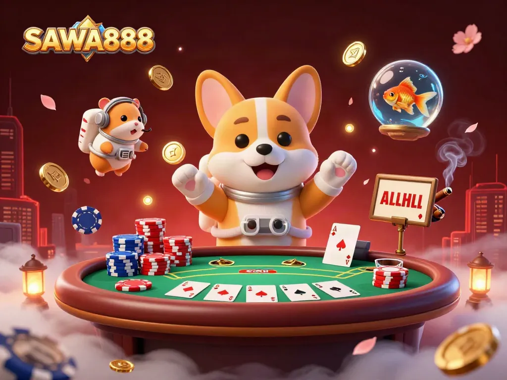 SAWA888 casino illustration featuring a floating corgi in a space-themed gaming scene with vibrant poker elements.