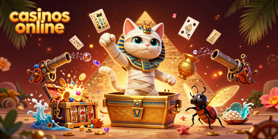 Tragaperras y bonos en los casinos online rodean a un gato momia egipcio y un escarabajo en un casino.