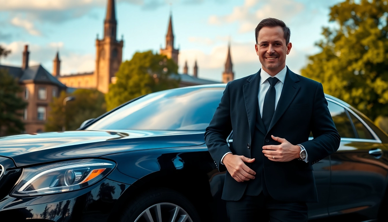 Experience luxurious Chauffeur Nottingham with a professional beside an elegant vehicle.