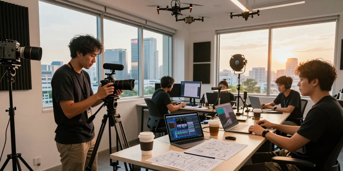 Dreambox Studio Singapore videographer capturing footage in creative video production studio filled with equipment.