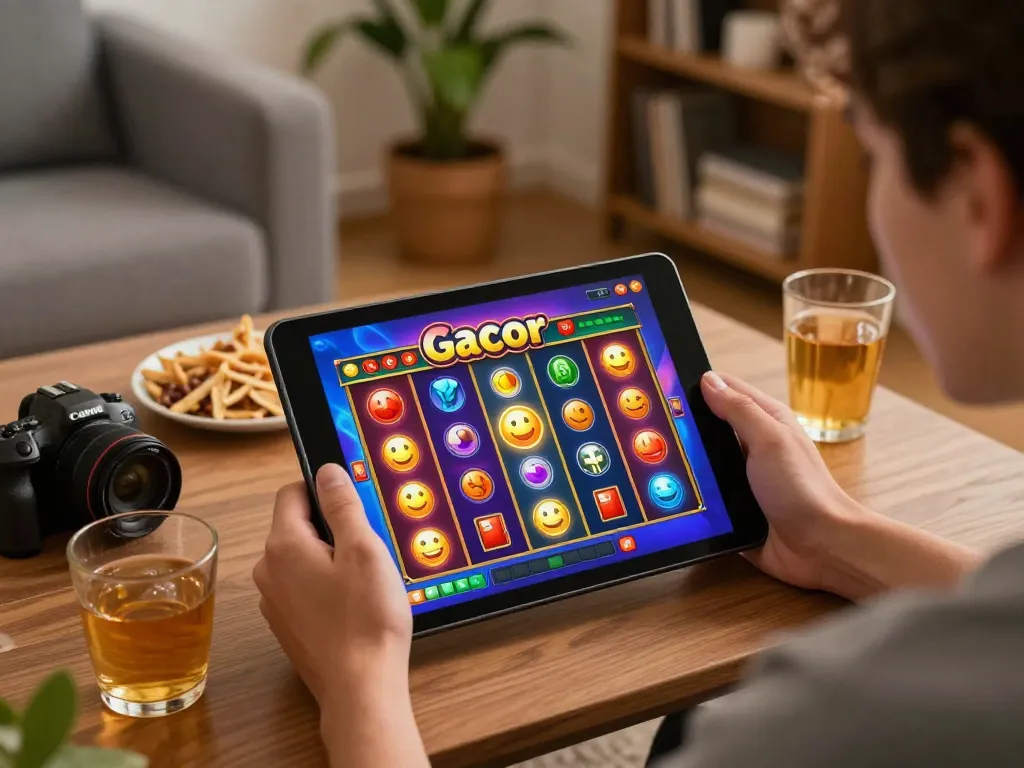 Berinteraksi dengan permainan slot gacor, seseorang menggunakan tablet di ruang tamu yang nyaman.