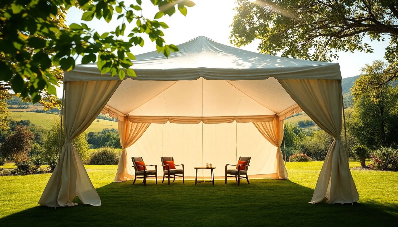 Relax and enjoy under the bright canopy tent amidst serene nature and green hills.