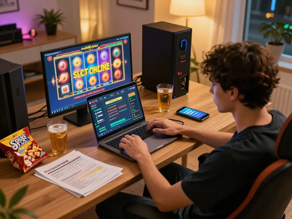 Engaged player spinning Slot Online reels at home gaming setup with strategy notes and drinks.