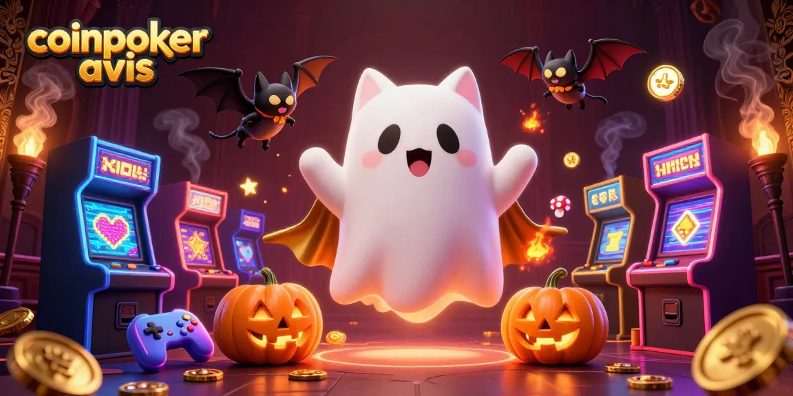 CoinPoker avis : illustration dynamique de casino avec un chat fantôme et un vampire en cape dorée.