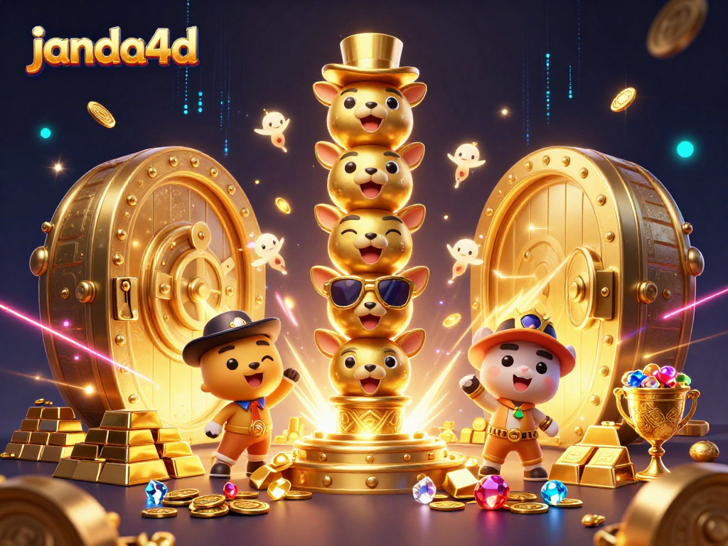 Menyoroti janda4d dengan totem emas bertema kasino dan harta berkilau dalam ilustrasi yang kaya.