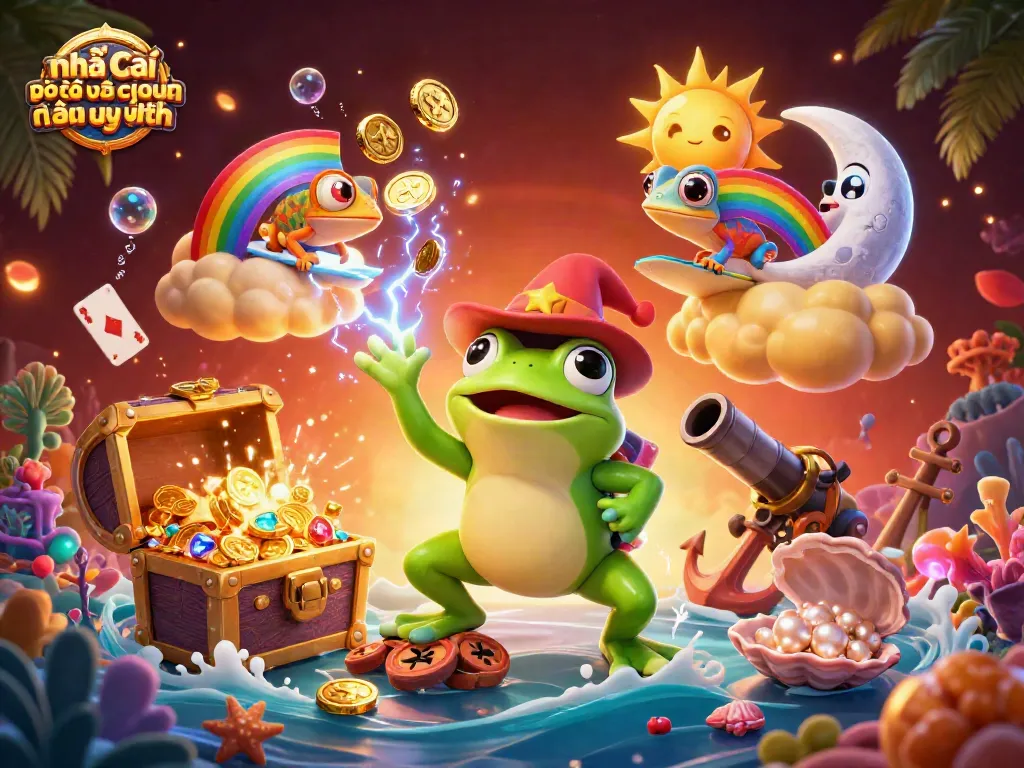 Hình ảnh nhà cái đến từ châu âu uy tín với bão vàng xu và chameleon lướt trên mây vàng.