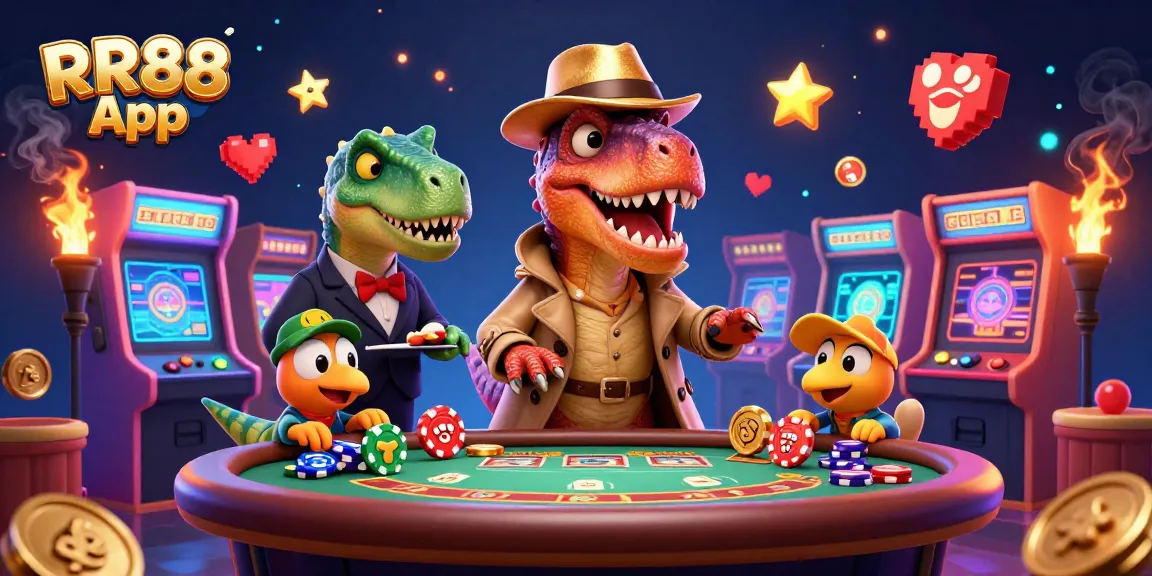 Experience the thrilling RR88 App with a velociraptor card counter at a blackjack table, surrounded by casino excitement.