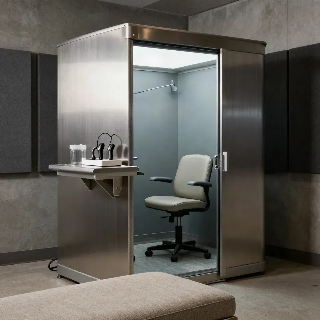 Brushed-metal hearing test suite with hearing aids, chair, drying jar, and acoustic panels in dramatic light.