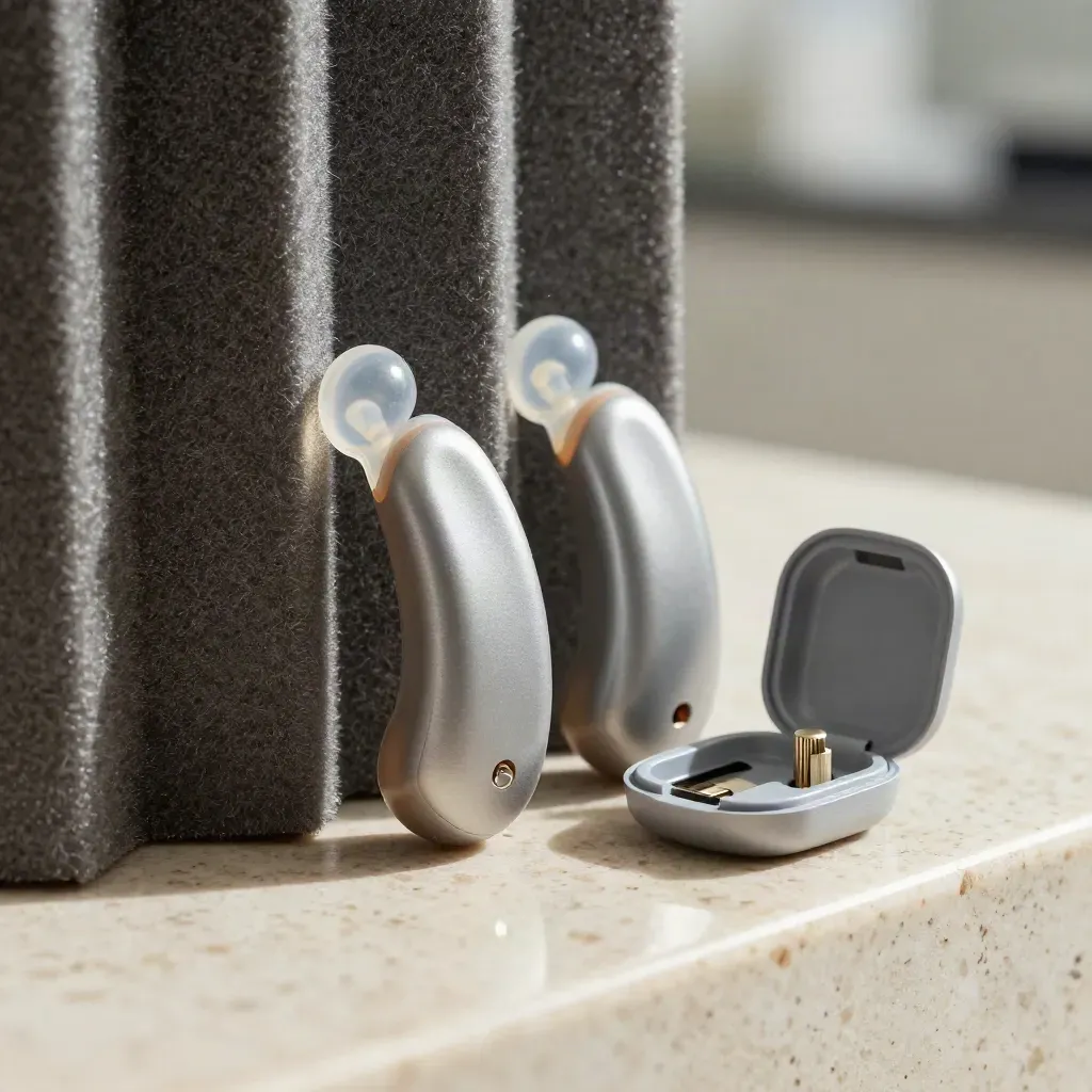 Close hearing aids beside open dock and spare domes against an acoustic panel.