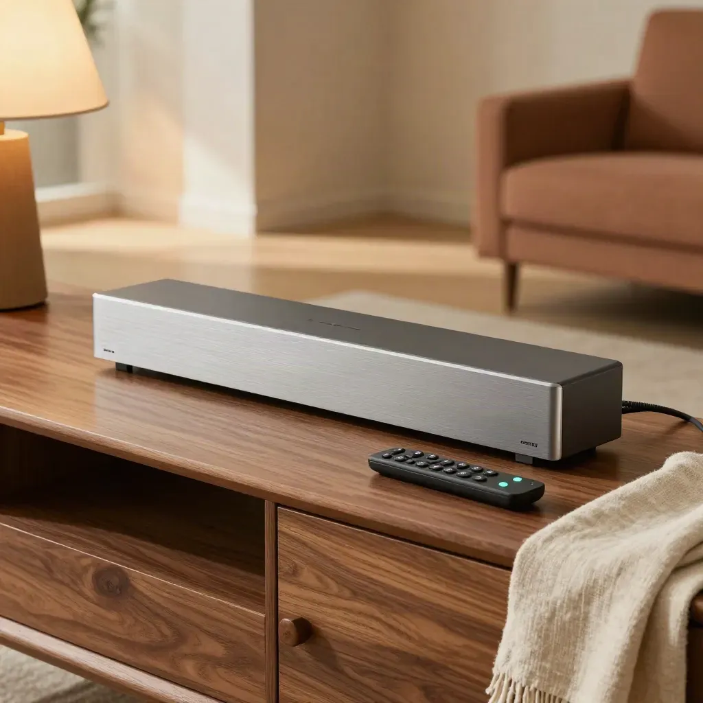 TV streamer and speaker bar on a walnut media console with remote and hearing loop accessory, warm cozy light.