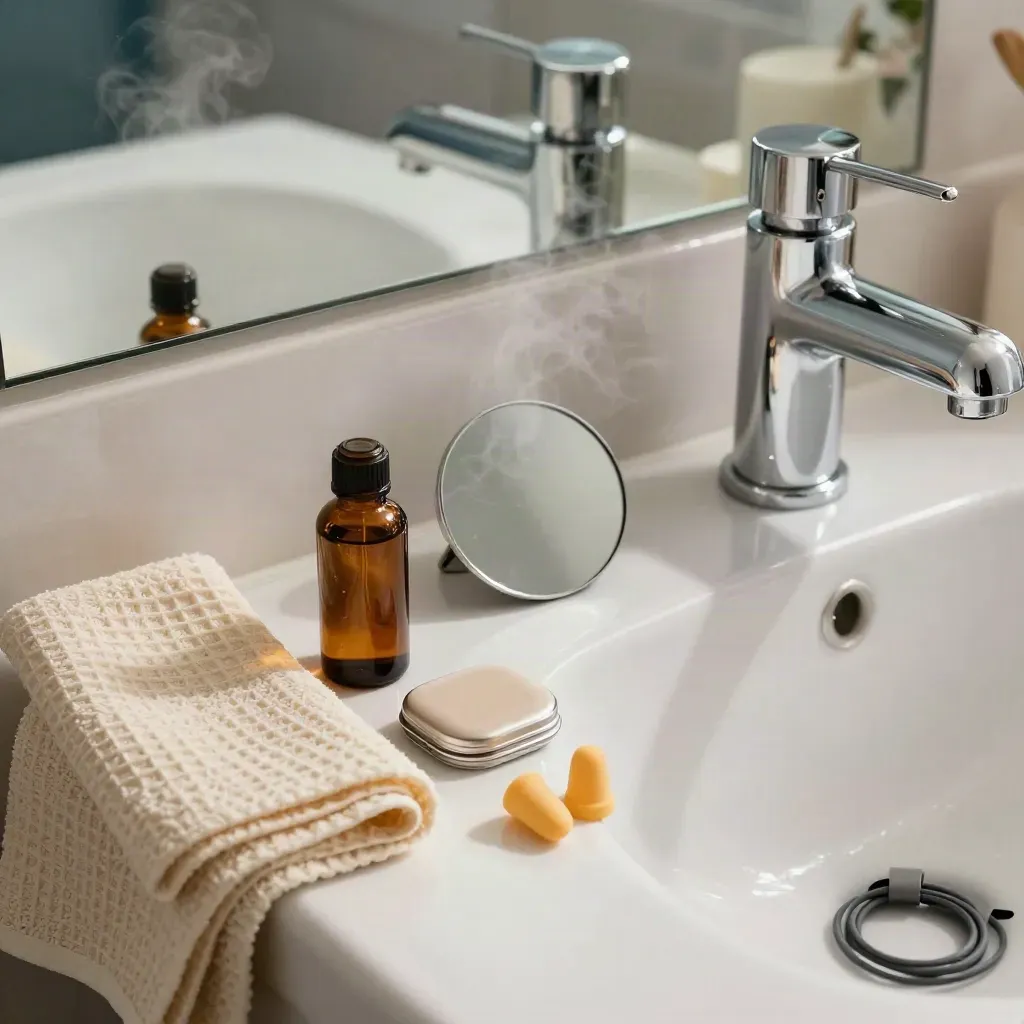 Ear-care drops, towel, mirror and earplug kit beside a steamy sink